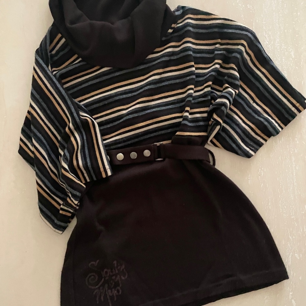Striped Cowl Neck Long Sweater with Snap Belt 3/4 Sleeve Brown Fits S